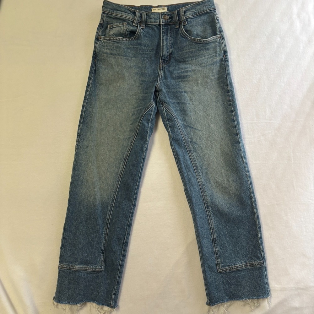 Free People We The Free 28 Risk Taker Jeans Blue High Rise Straight Raw Hem Boho - Picture 2 of 10
